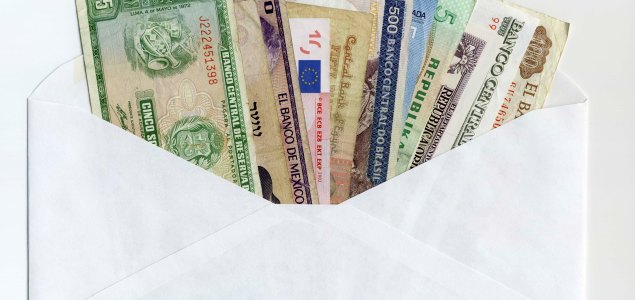 Envelope with international currencies